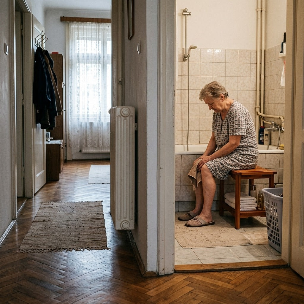 Fa zuhanyszék polccal és kapaszkodókkal, 300 lbs - otthon