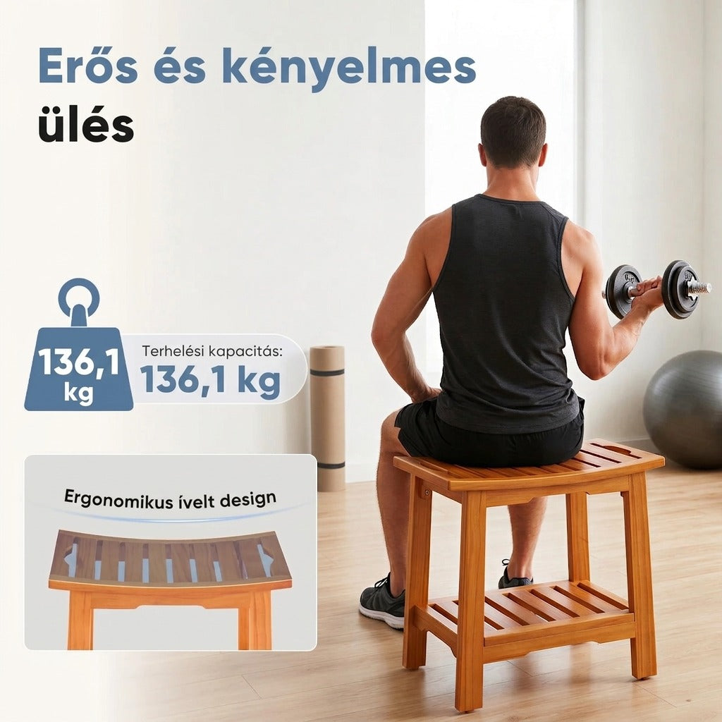 Fa zuhanyszék polccal és kapaszkodókkal, 300 lbs