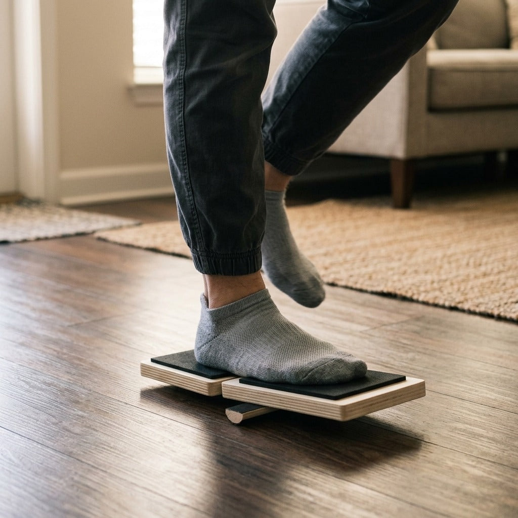 Wooden Single-Foot Ankle Balance Board - in use