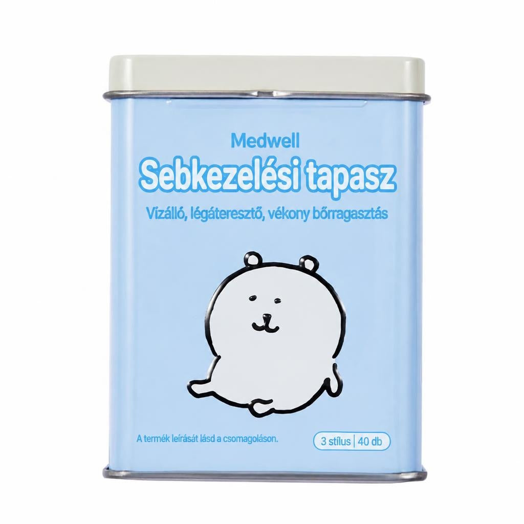 Világoskék fém dobozos Medwell sebkezelési tapasz cuki figurával.