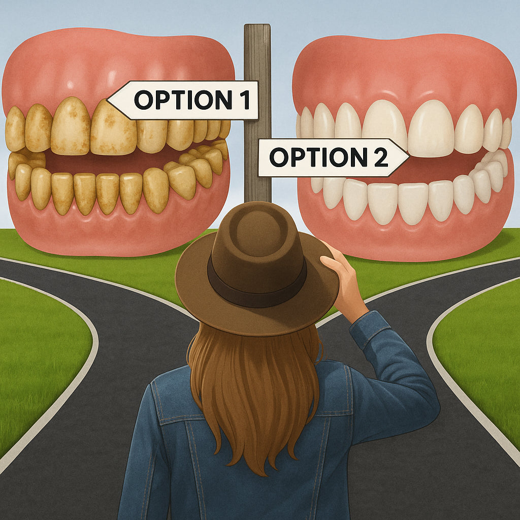 Person choosing between two paths with different dental options.