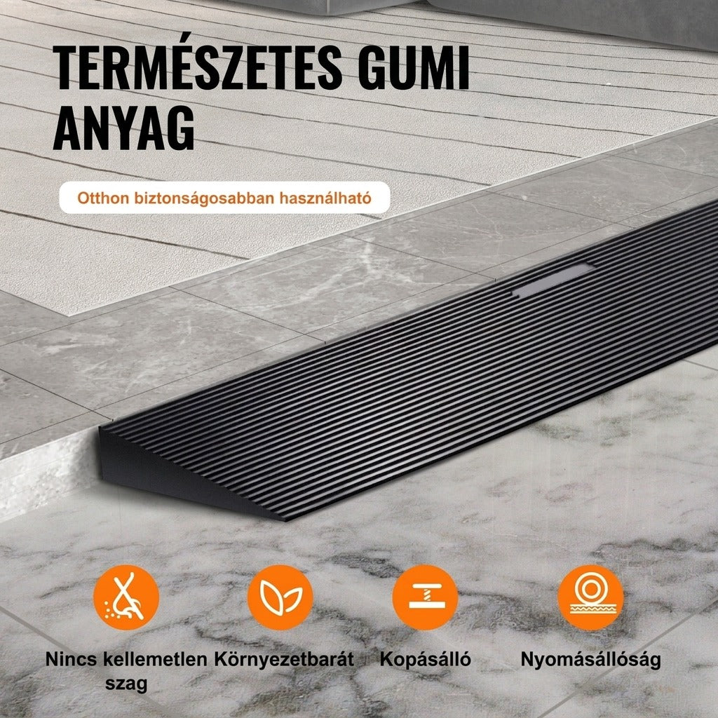 Természetes gumi anyagú küszöbrámpa előnyei ikonokkal szemléltetve.