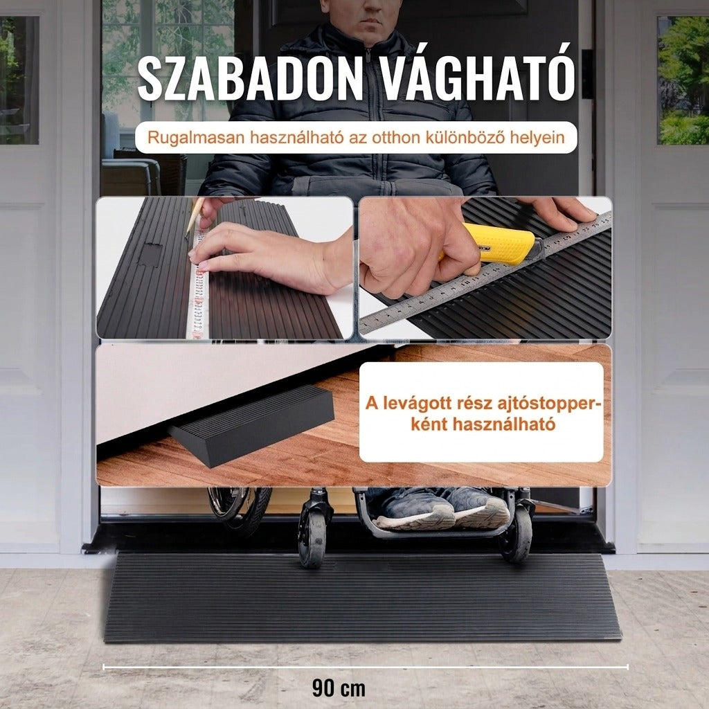 Méretre vágható küszöbrámpa kerekesszékhez, 90 cm szélességben, ajtóütközőként is használható darabbal.