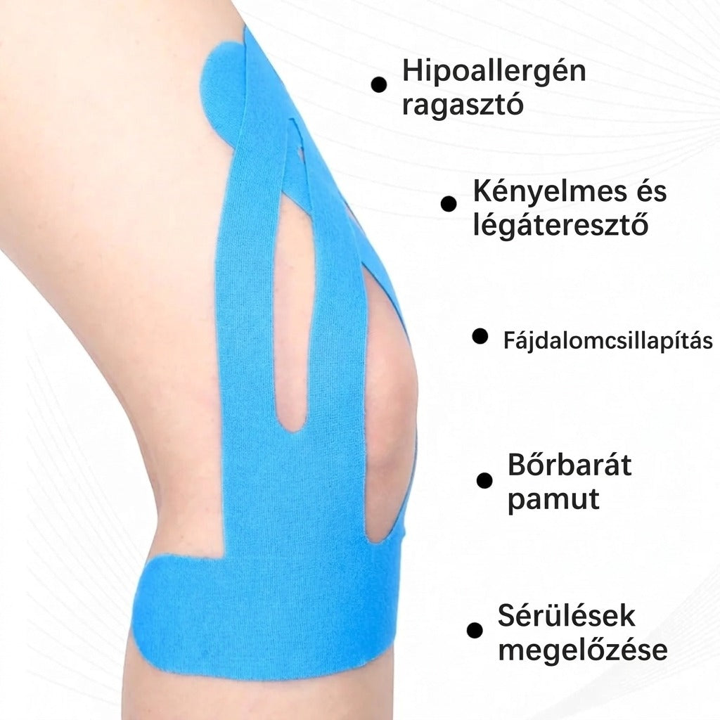 Kék térdzalag: hipoallergén ragasztó, kényelmes, fájdalomcsillapítás, bőrbarát pamut