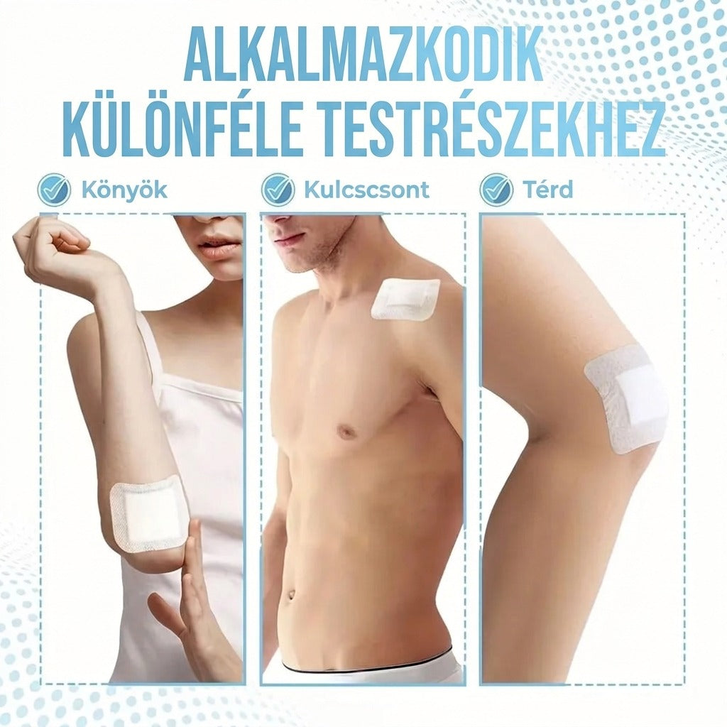 Öntapadó sebtapasz könyökön, kulcscsonton és térden bemutatva.