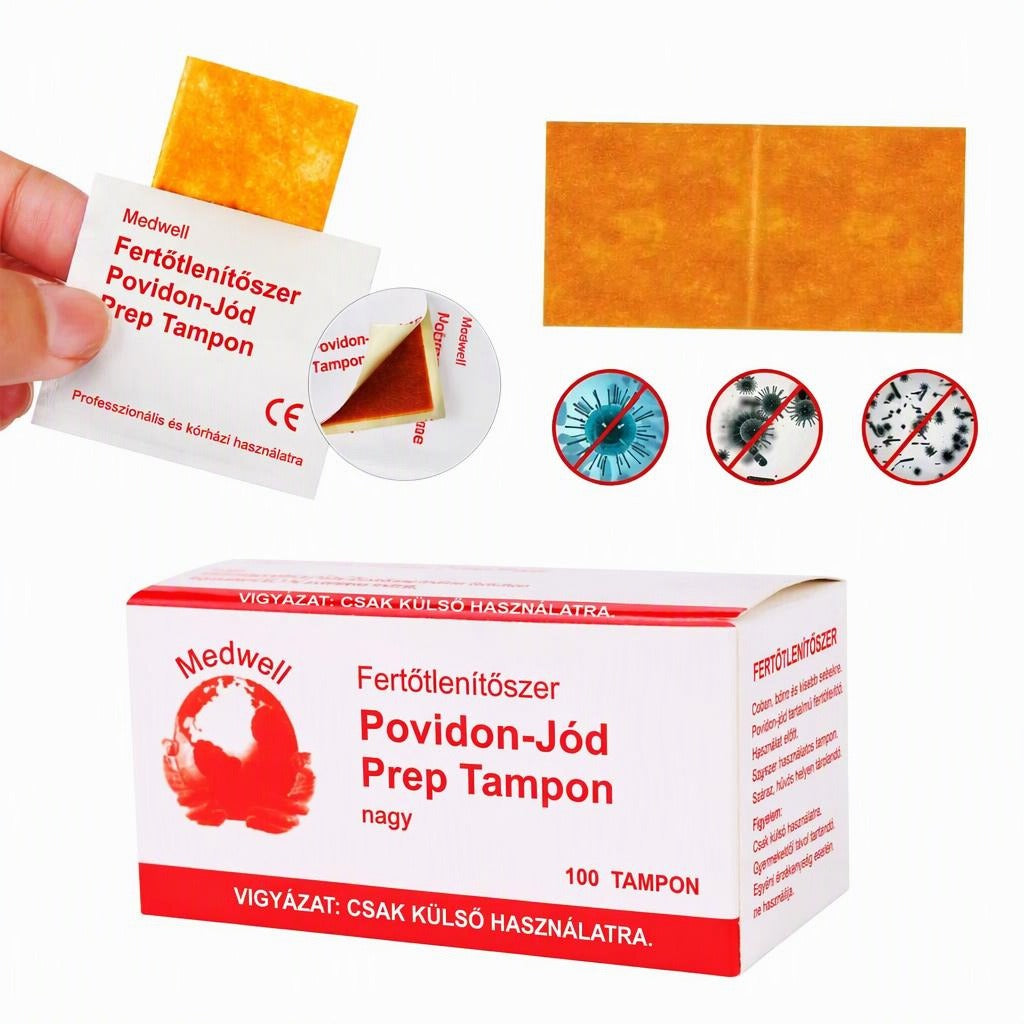 Medwell povidon-jódos fertőtlenítő tampon és 100 darabos doboza.