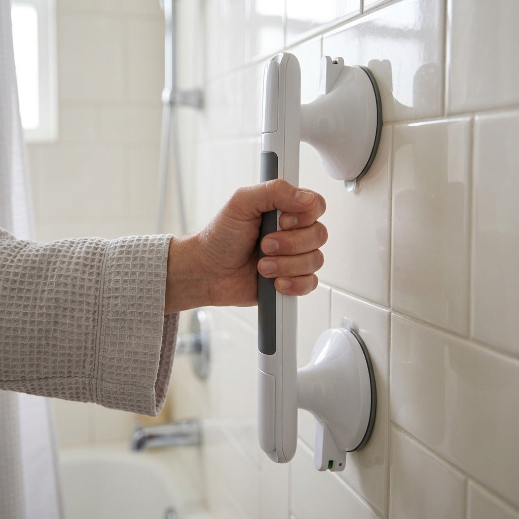 12-Inch Suction Cup Shower Handles, 2-Pack - in use