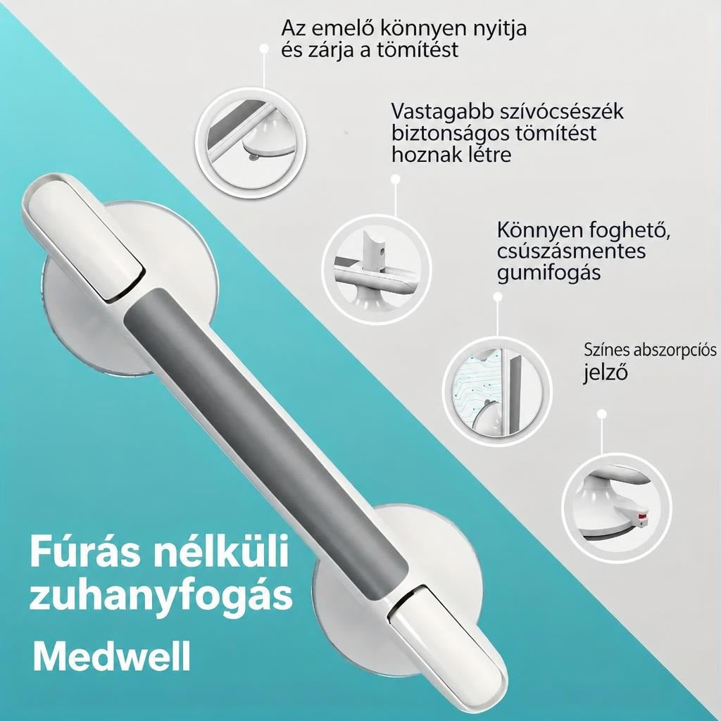 Fúrás nélküli Medwell zuhanykapaszkodó szívókorongokkal és funkcióival.