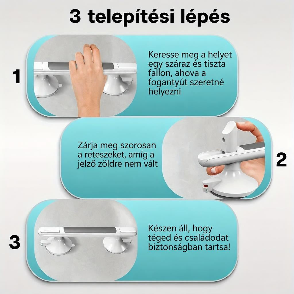 Vákuumos kapaszkodó háromlépéses felszerelési útmutatója illusztrációkkal.