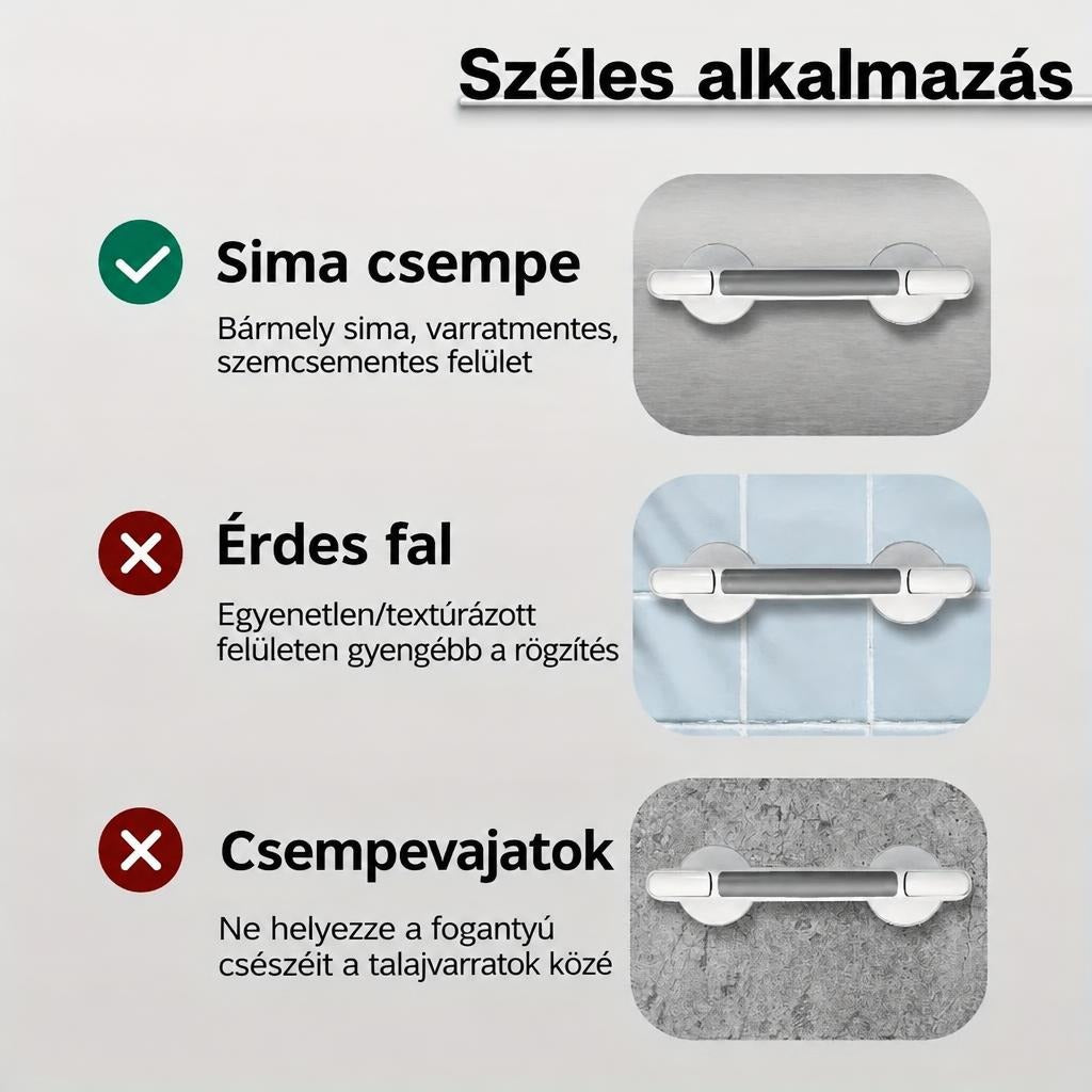 Vákuumos kapaszkodó rögzítési felületeinek bemutatása: sima csempe, érdes fal és csempehézagok.