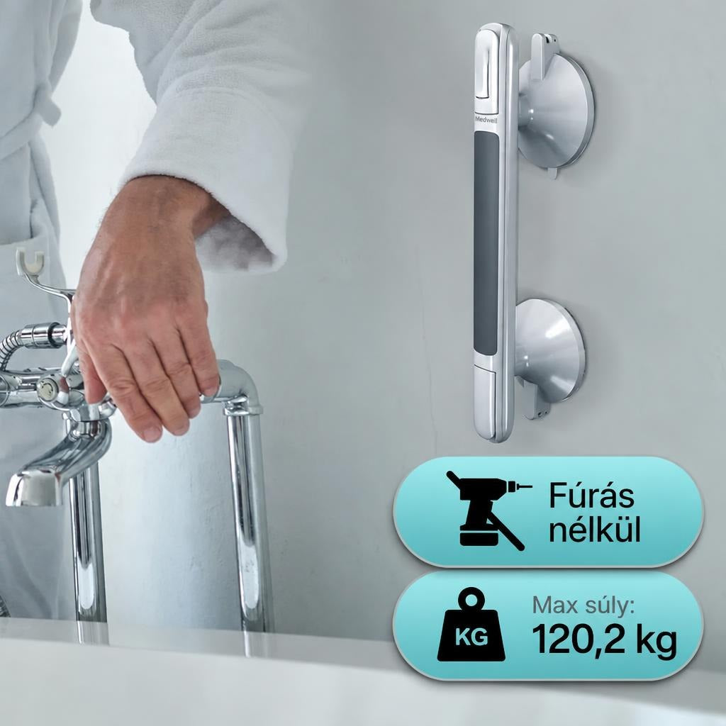 Fúrás nélkül rögzíthető fürdőszobai kapaszkodó 120,2 kg teherbírással a kád mellett.