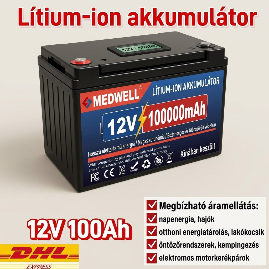 Medwell 12V 100Ah lítium-ion akkumulátor fekete házban, digitális kijelzővel