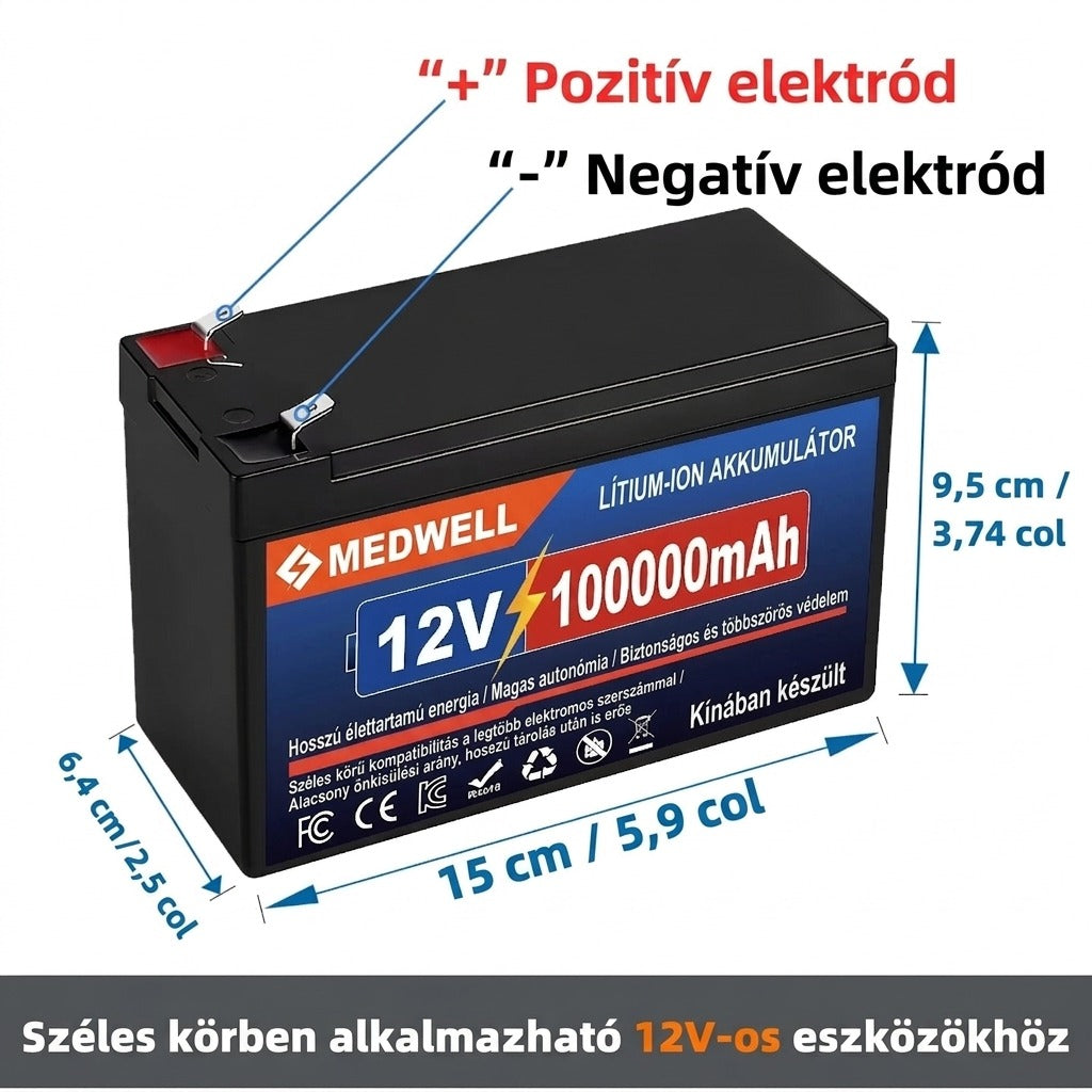 Medwell 12V 100000mAh lítium-ion akkumulátor méretekkel és elektródajelölésekkel