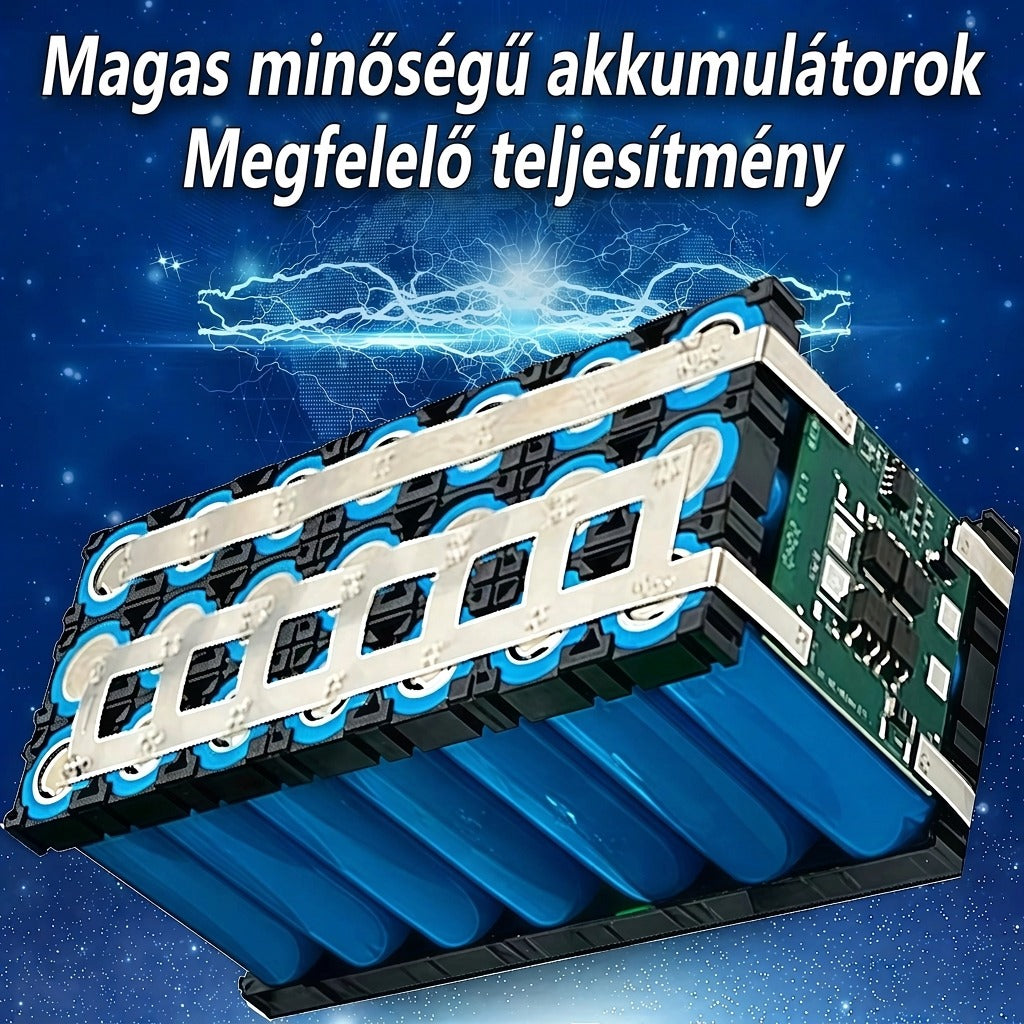 Kiváló minőségű akkumulátorcsomag belső felépítése kék háttér előtt.