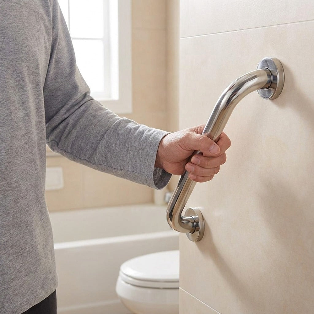 135-Degree Angled Stainless Steel Grab Bar - in use