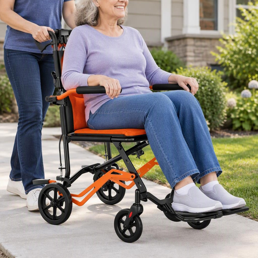18 lb Folding Transport Wheelchair for Adults and Seniors - in use