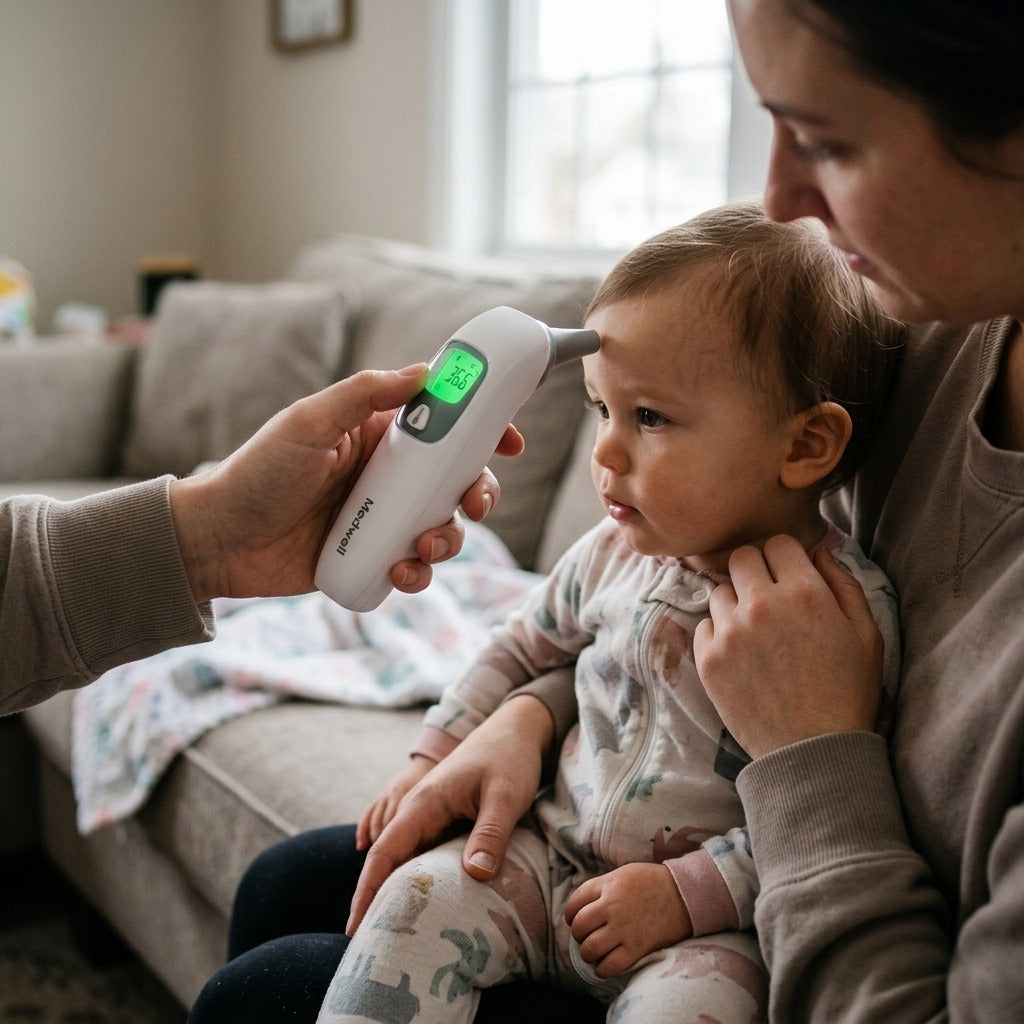 2-in-1 Non-Contact Forehead and Ear Thermometer, Baby and Adult - in use