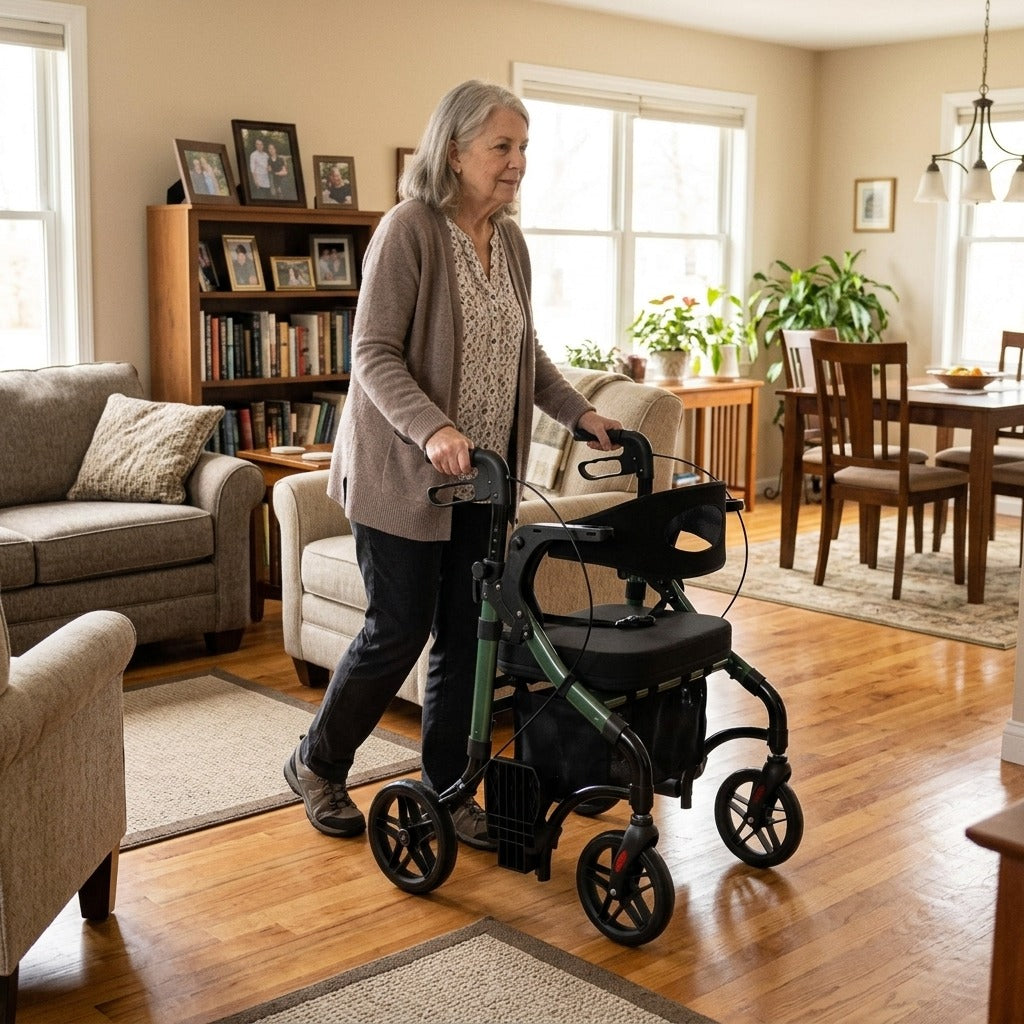 2-in-1 Rollator Walker and Transport Wheelchair Combo - at home