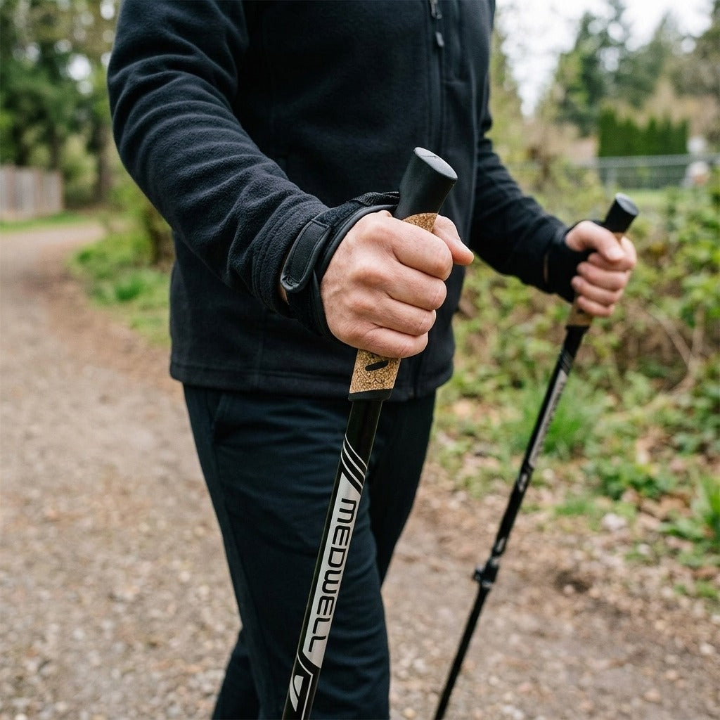 2-Piece Nordic Walking Poles, Telescopic 7075 Aluminum, 66-135 cm - in use