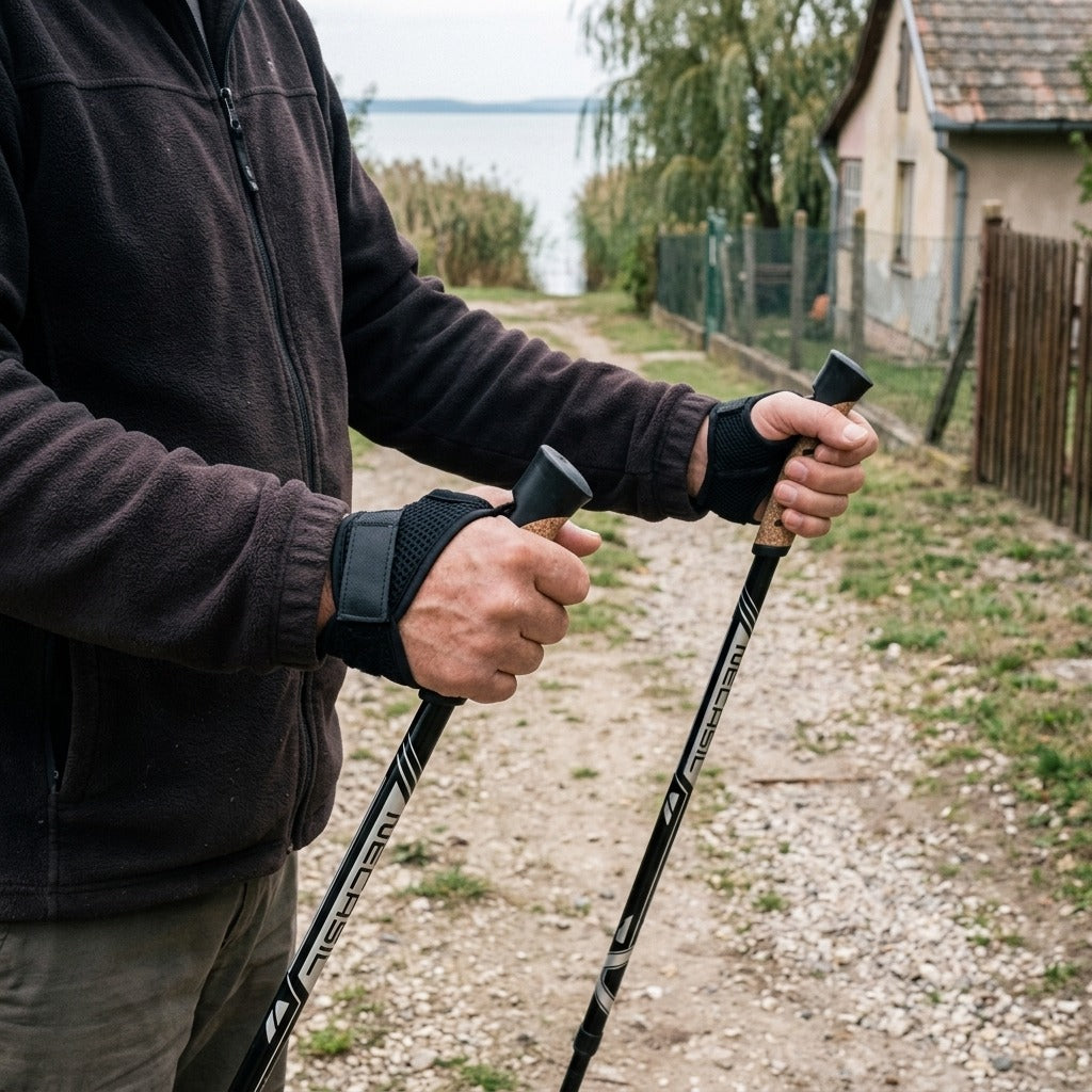 2 részes teleszkópos nordic walking bot, 7075-ös alumínium, 66–135 cm - használat közben
