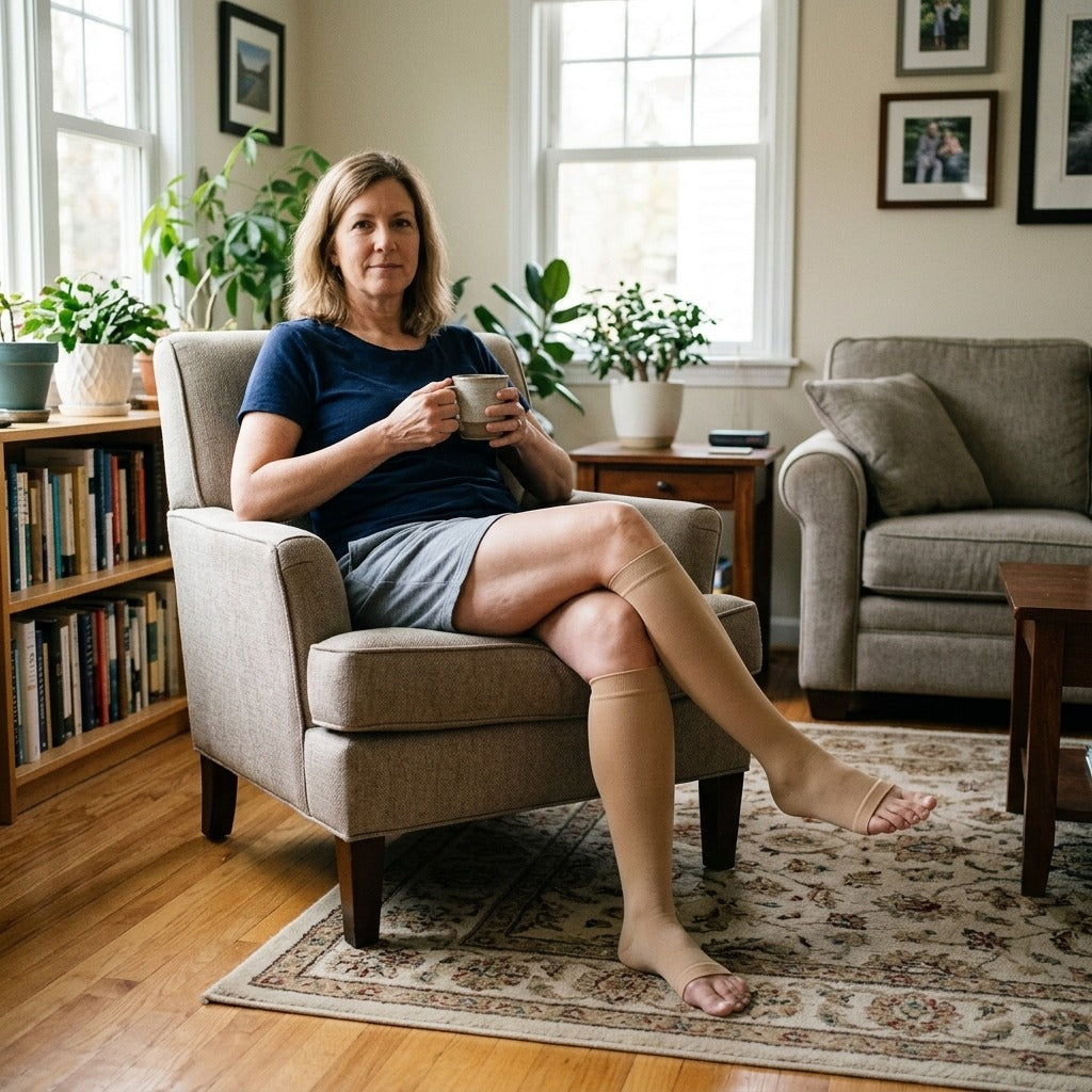 20–30 mmHg Open-Toe Calf Compression Stocking - at home
