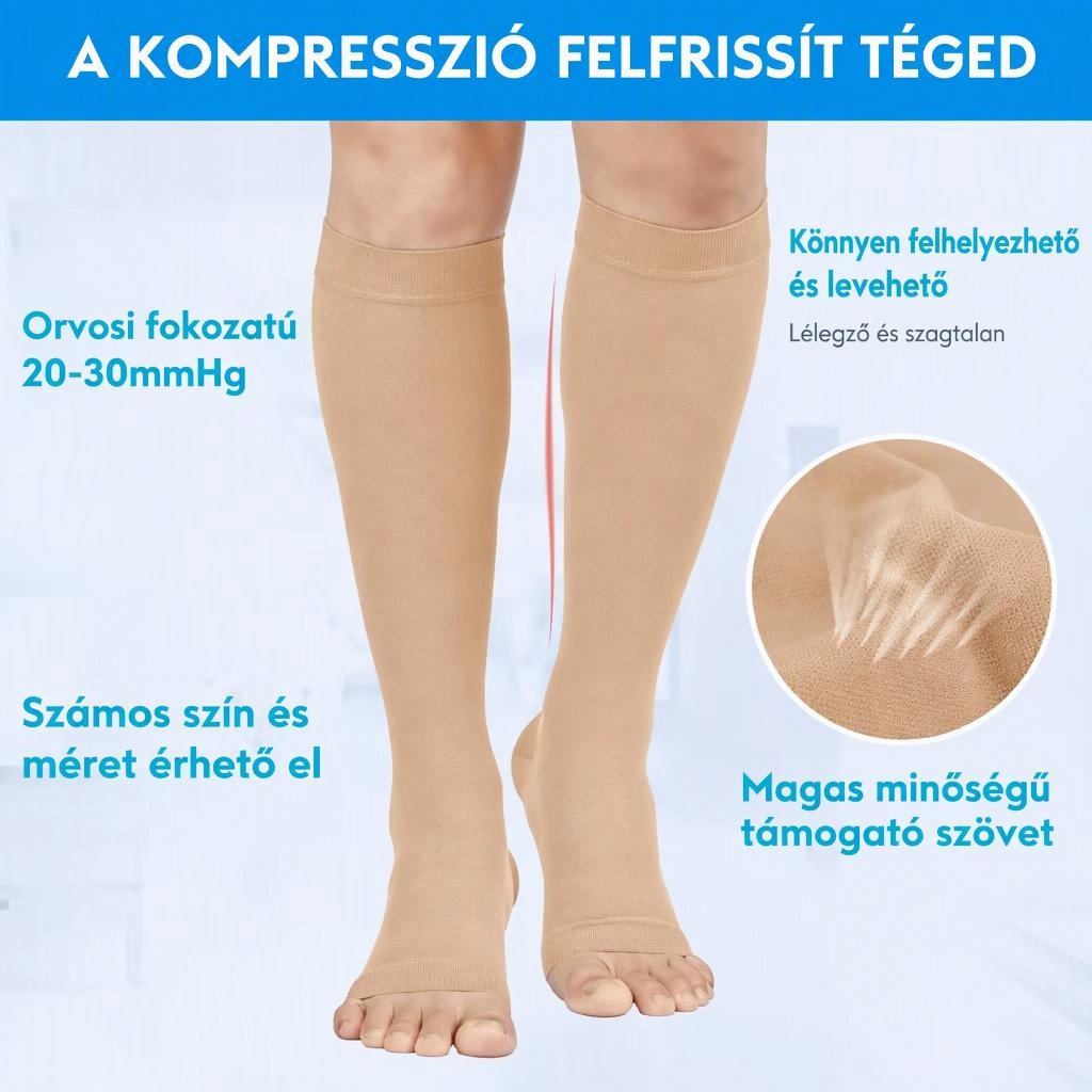 Bézs színű nyitott orrú kompressziós zokni lábon viselve, a termék fő tulajdonságaival.