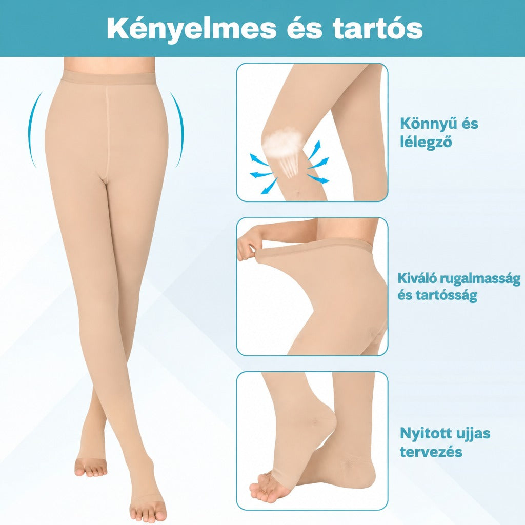 Bézs kompressziós harisnyanadrág bemutatása a kényelem, a rugalmasság és a nyitott orrú kialakítás terén.