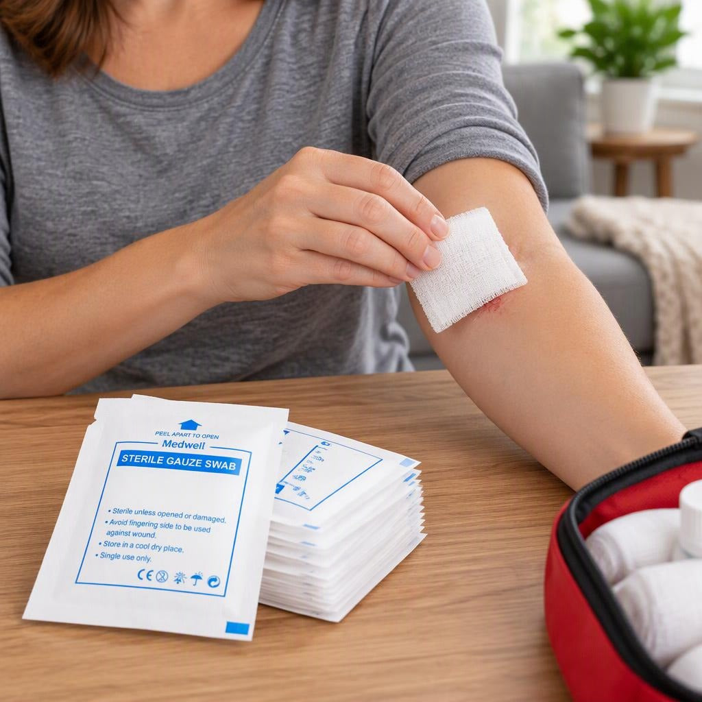20-Piece 8-Layer Sterile Cotton Gauze Pads - in use