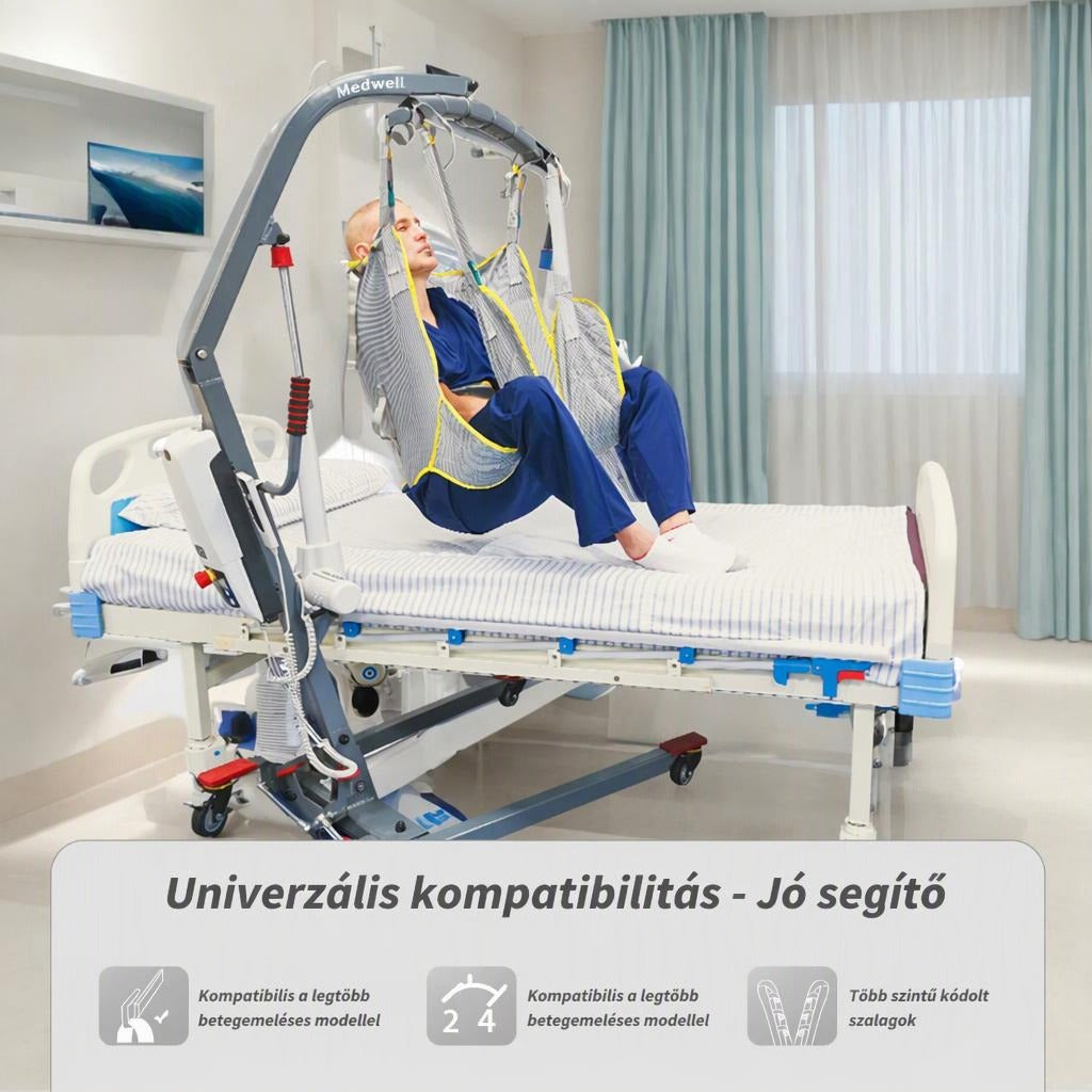Betegemelő heveder kórházi ágy felett lévő pácienssel és funkcióikonokkal.