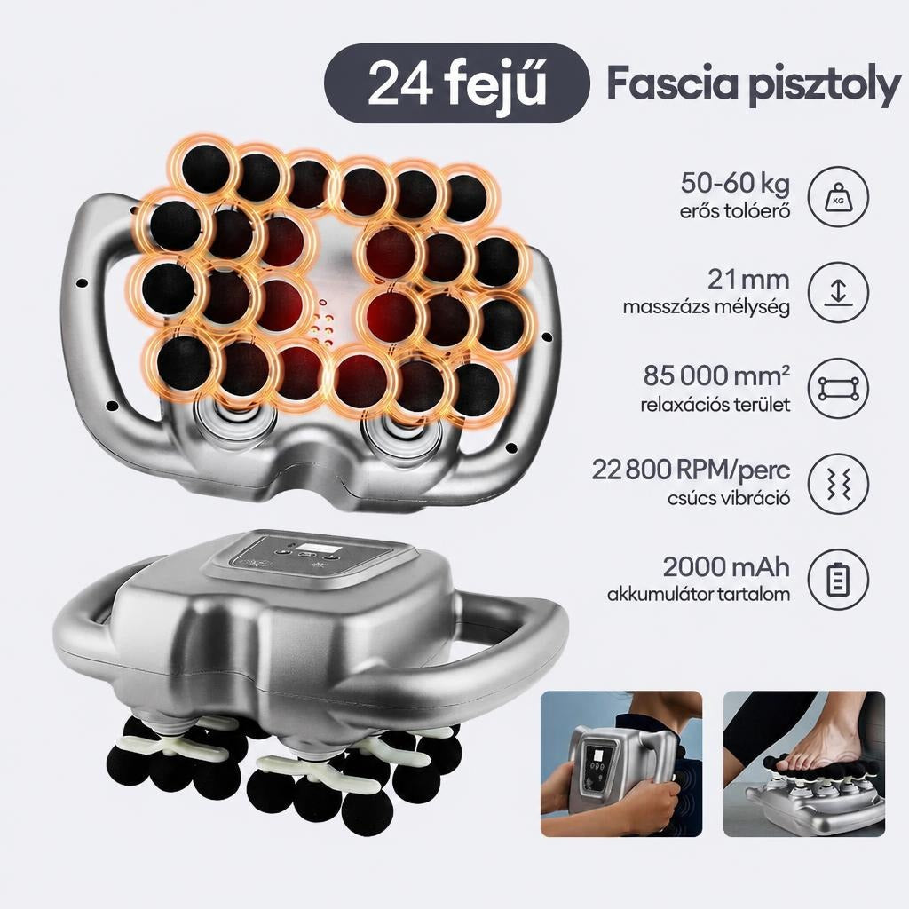24 fejű fascia masszírozó gép bemutatása főbb műszaki adataival és használati módjaival.