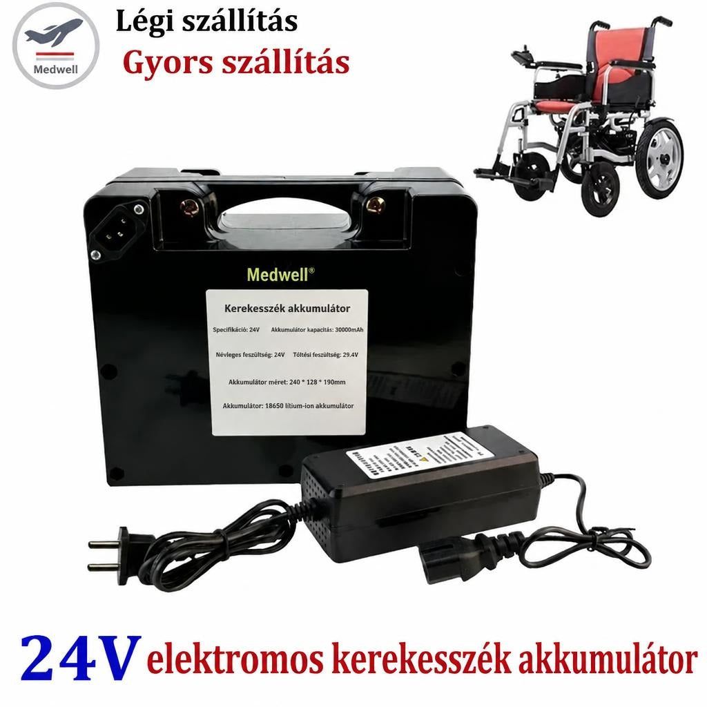 24V-os elektromos kerekesszék akkumulátor és hálózati töltő.