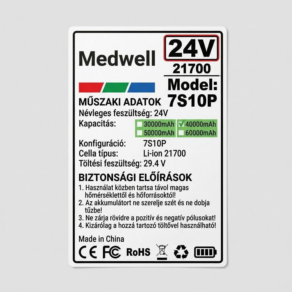 Medwell 24V 7S10P akkumulátor műszaki adatlapja és biztonsági előírásai.