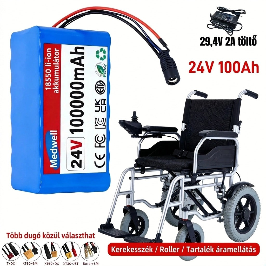 24V 100Ah lítiumion-akkumulátor kerekesszékhez és rollerhez, töltővel és választható csatlakozókkal.