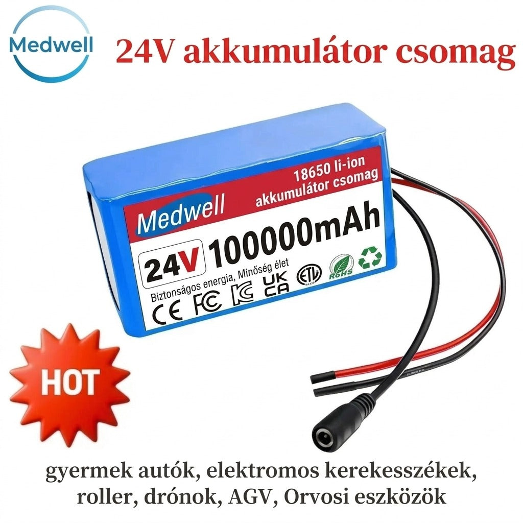 Medwell 24V 100000mAh lítium-ion akkumulátor csomag csatlakozókkal