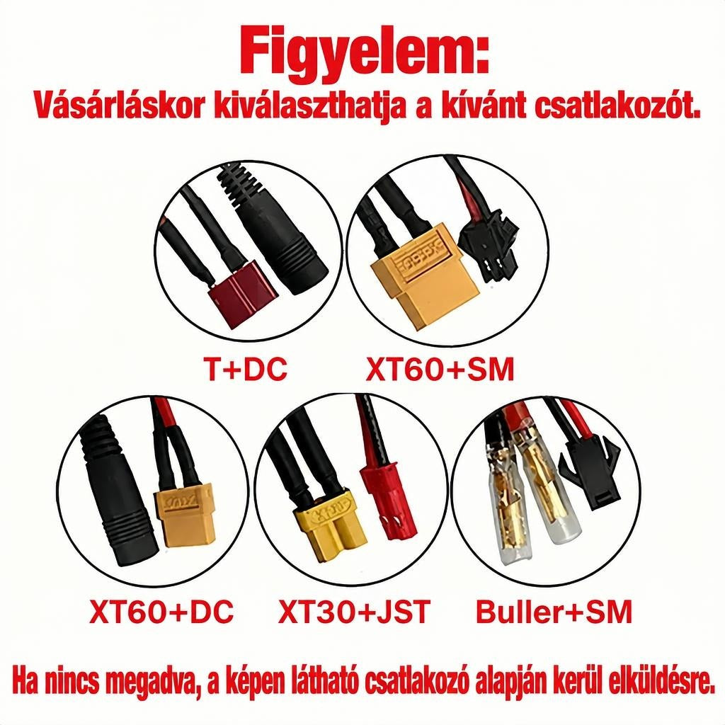 Választható csatlakozótípusok: T+DC, XT60+SM, XT60+DC, XT30+JST és Buller+SM.