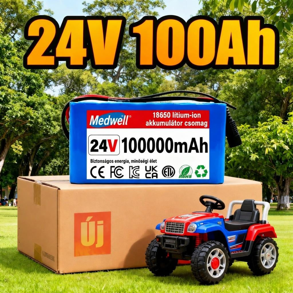 24V 100Ah Medwell lítium-ion akkumulátor dobozzal és gyermekjárművel a fűben