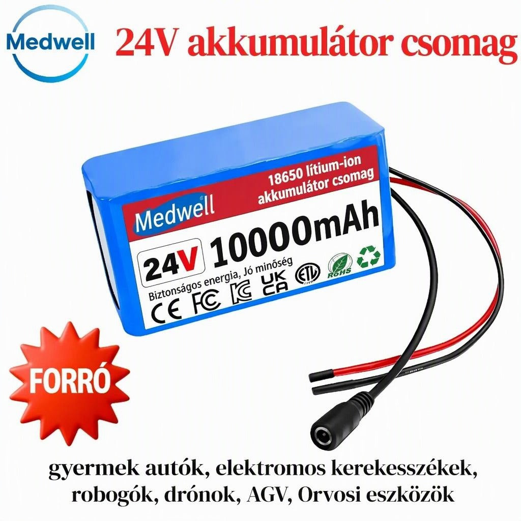 Kék Medwell 24V 10000mAh lítium-ion akkumulátor csomag kábellel és csatlakozóval.