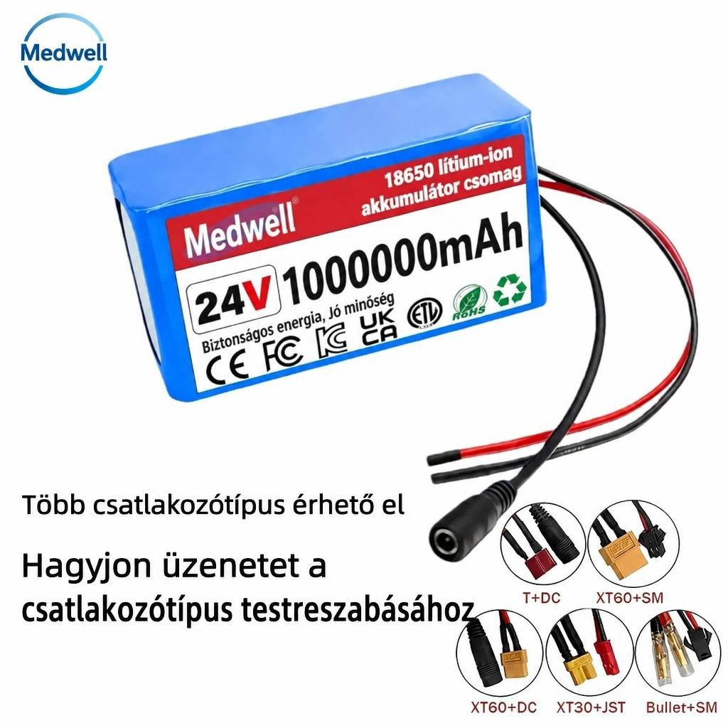 Medwell 24V lítium-ion akkumulátor csomag többféle választható csatlakozótípussal.