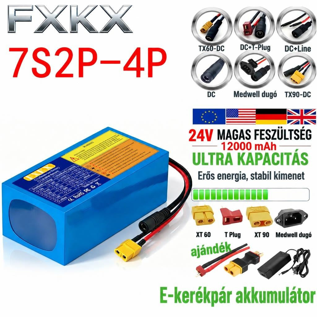 FXKX 24V 12000 mAh e-kerékpár akkumulátor különféle csatlakozókkal és kiegészítőkkel.