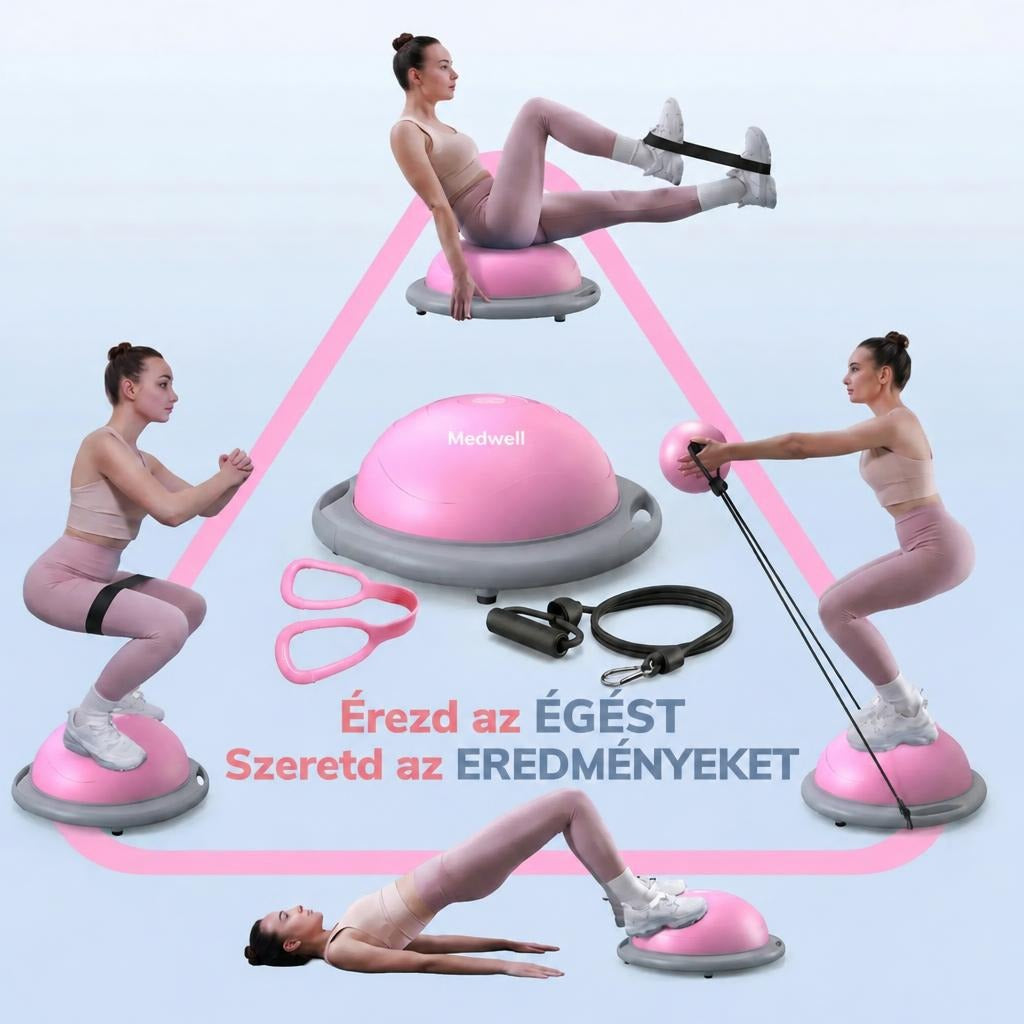 Rózsaszín egyensúlyozó félgömb és fitneszkellékek edzésgyakorlatokkal.