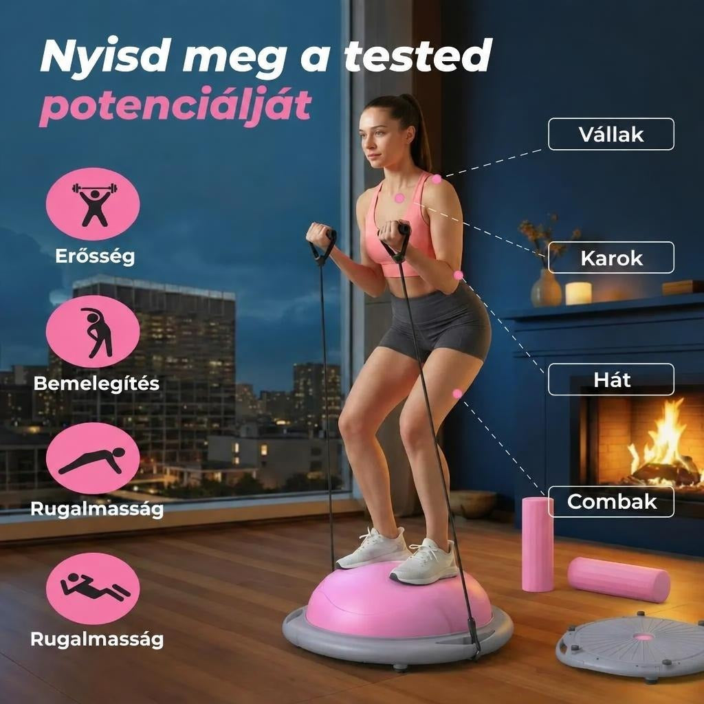 Egy nő rózsaszín egyensúlyozó félgömbön edz gumikötéllel a nappaliban.