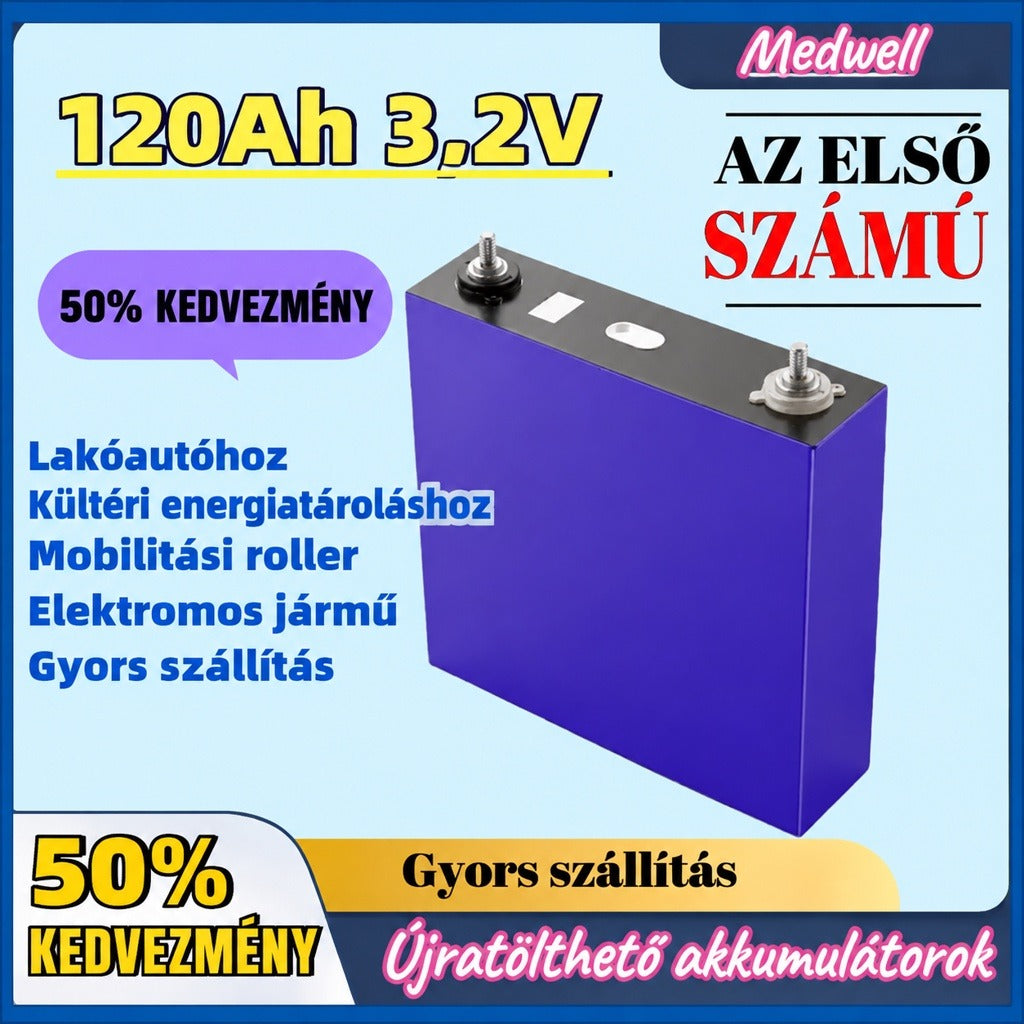Medwell 120Ah 3,2V újratölthető akkumulátorcella kék házban.