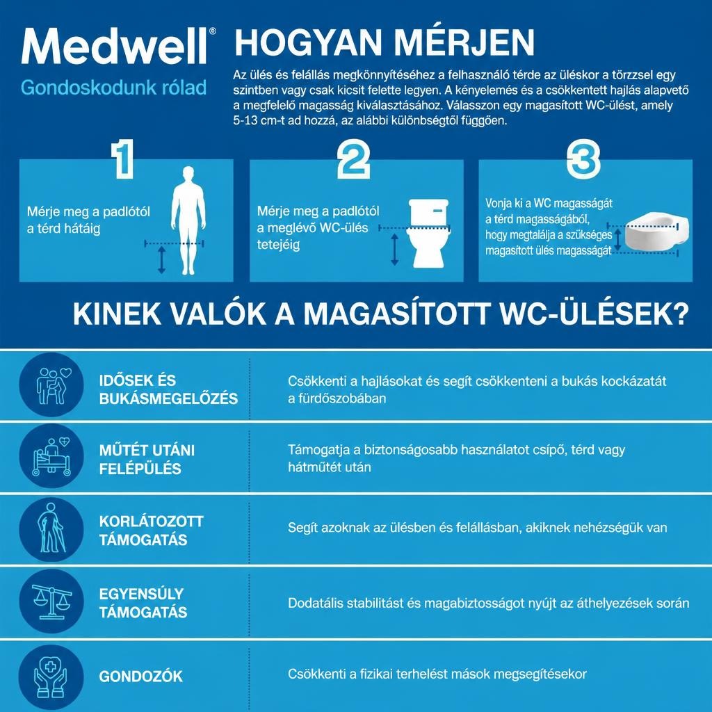 Magasított WC-ülőke mérési útmutatója és előnyei különböző felhasználói csoportok számára.