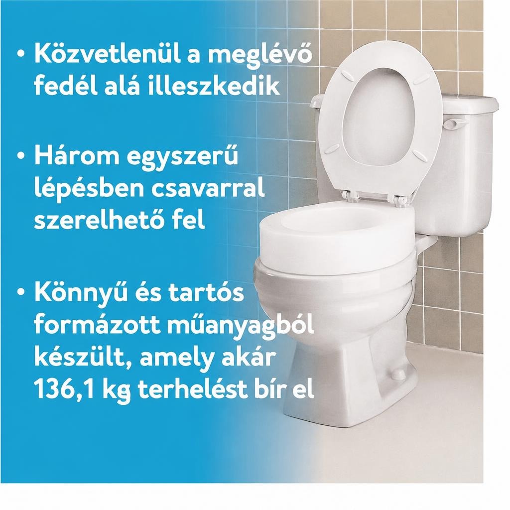 WC-magasító a meglévő ülőke alá szerelve, a termék főbb tulajdonságaival.