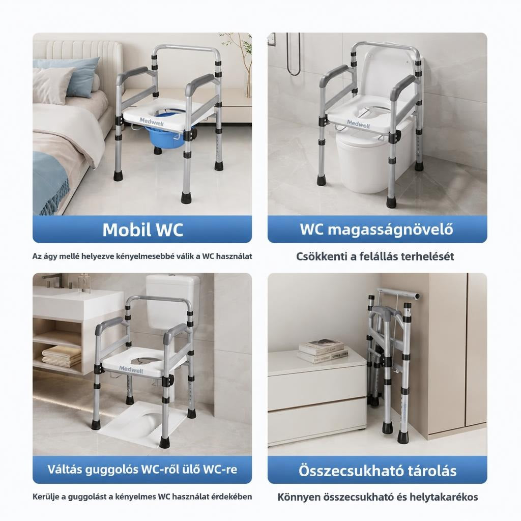 Többfunkciós összecsukható szoba- és WC-magasító szék különböző használati módjai.