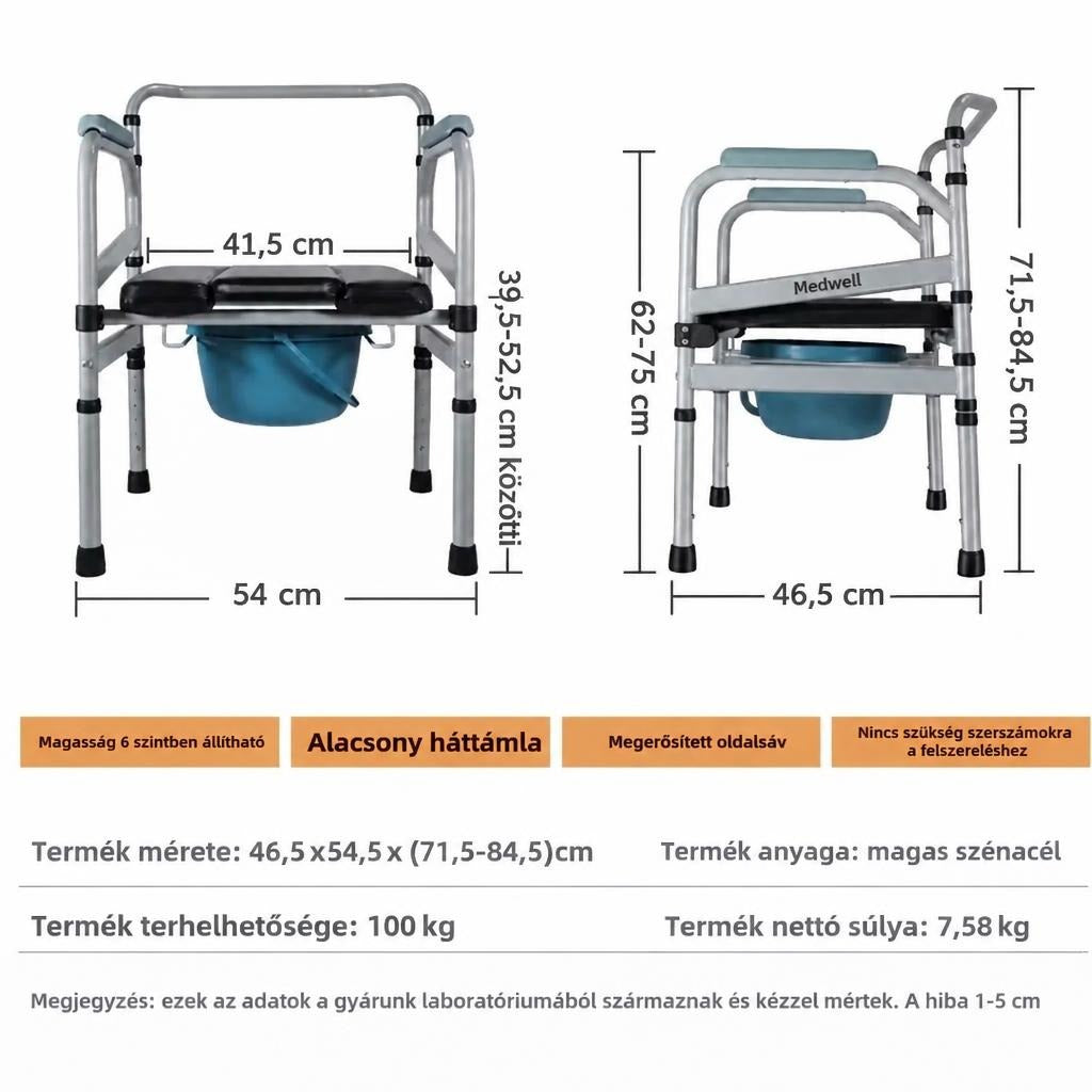 Állítható magasságú szoba-wc méretei és főbb termékjellemzői.