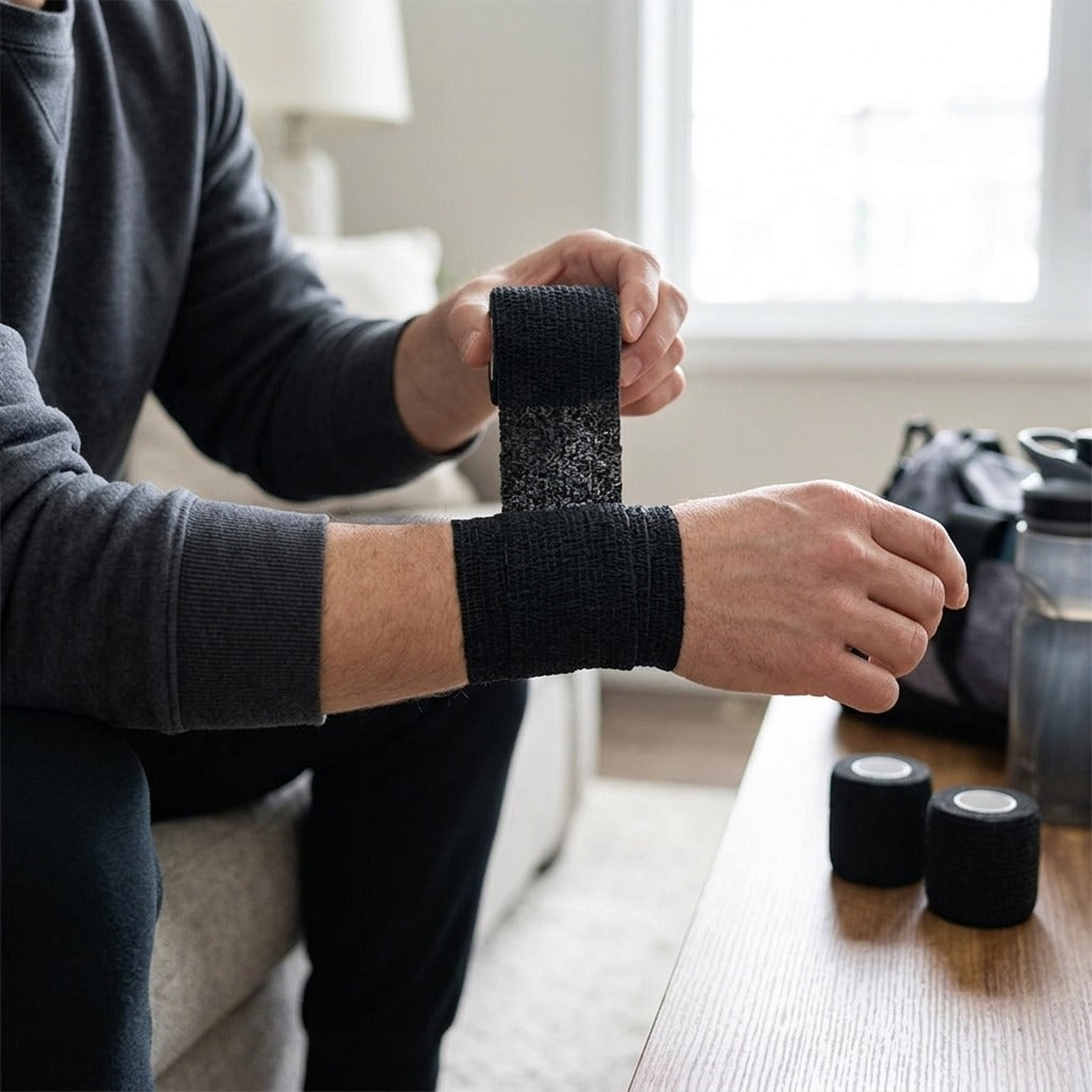 3-Piece Black Self-Adhesive Bandages - in use
