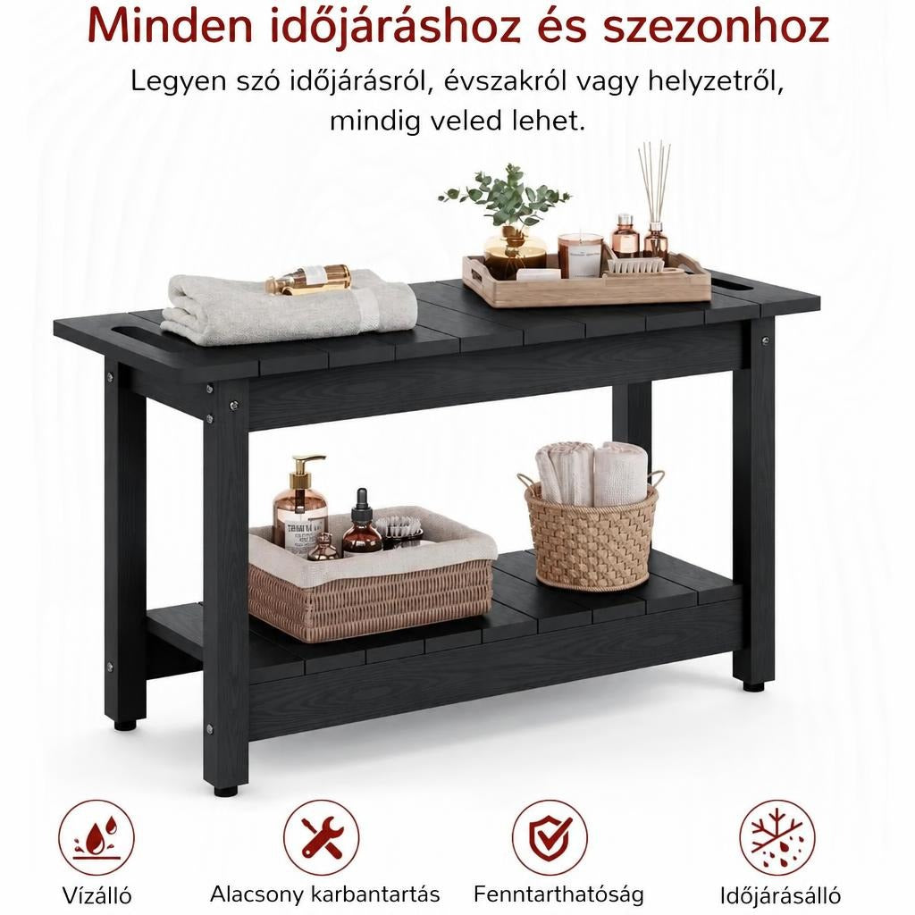 Fekete kétszintes fürdőszobai pad törölközőkkel és piperecikkekkel, alul termékelőnyökkel.