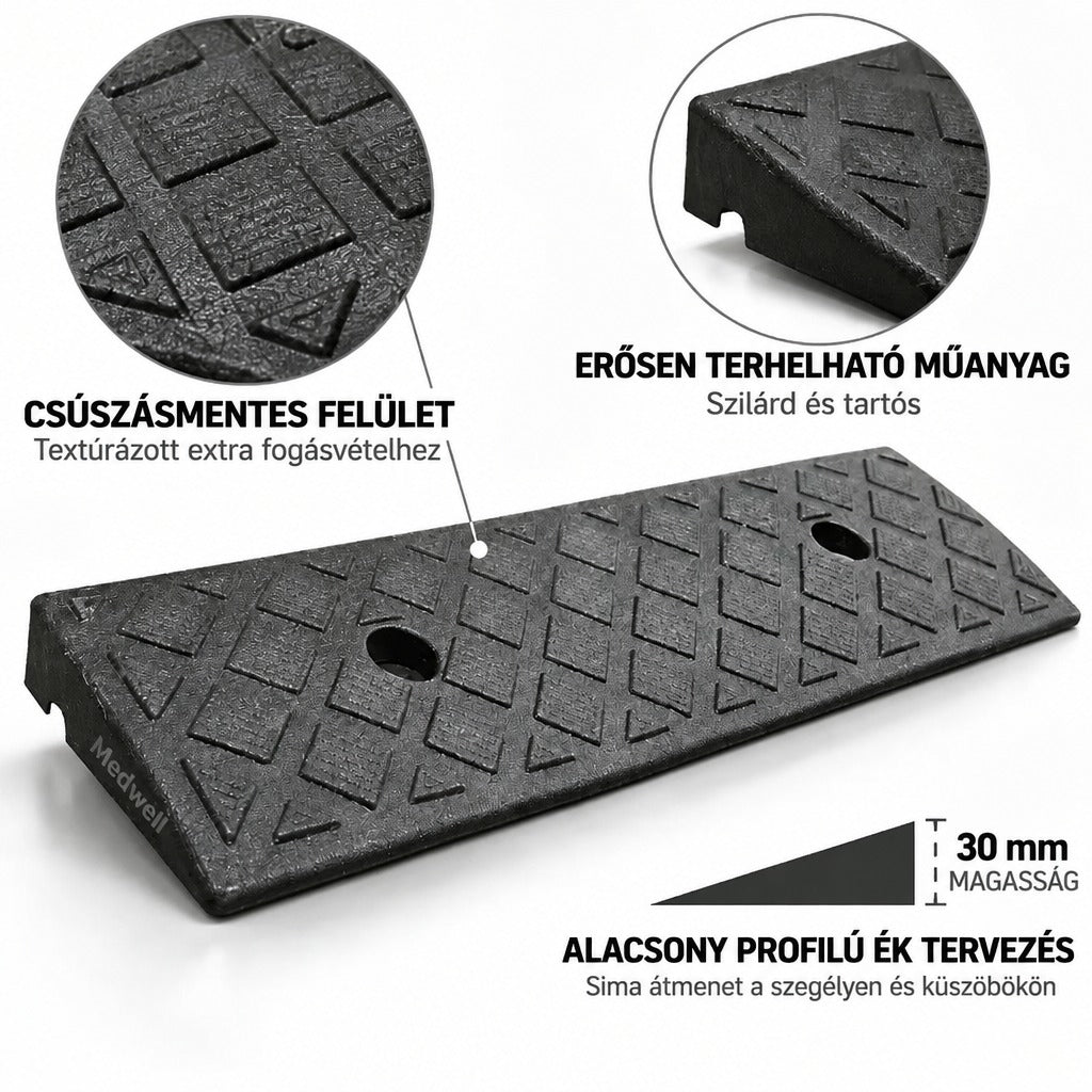 Fekete műanyag küszöbrámpa csúszásmentes felülettel és 30 mm magassággal.