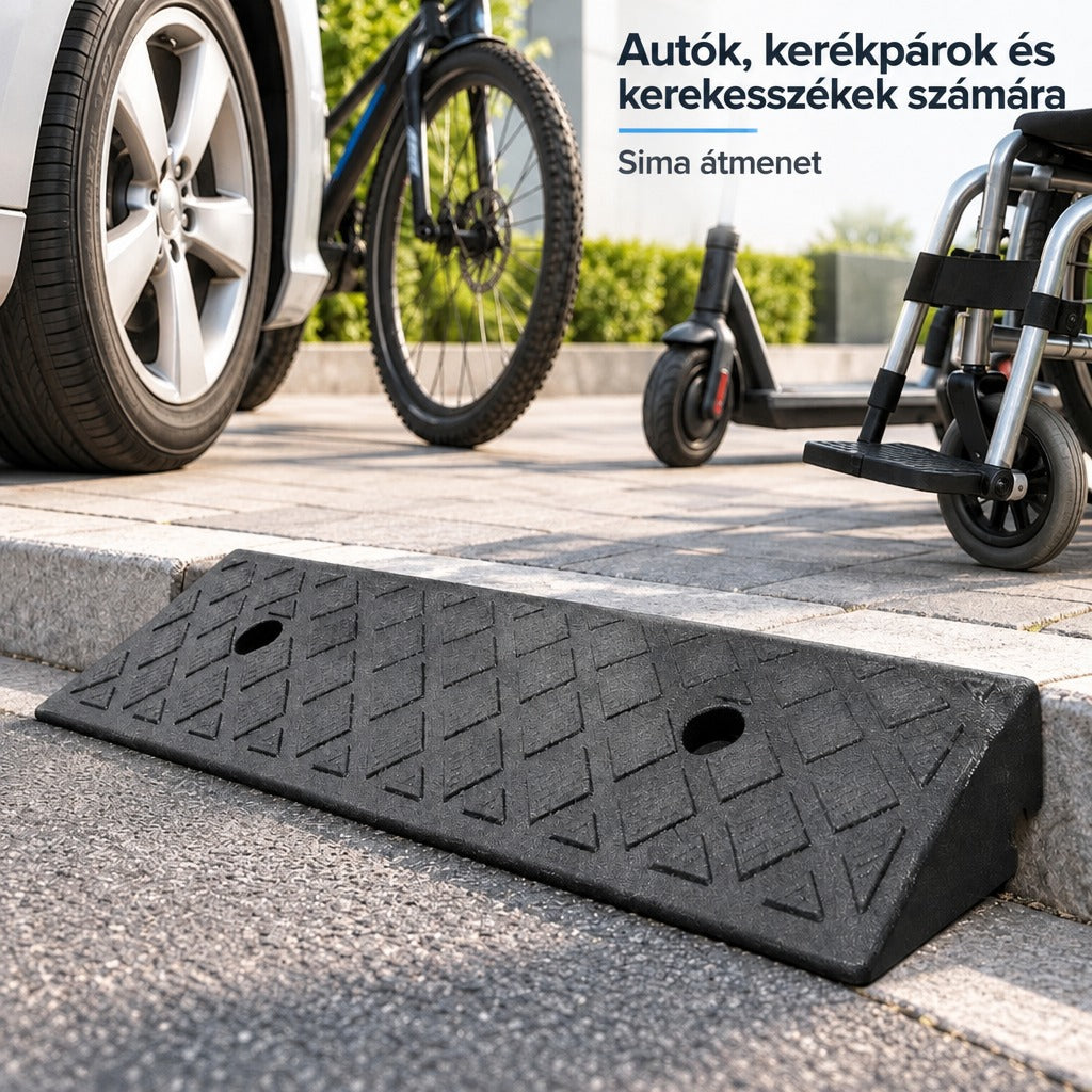 Fekete gumirámpa járdaszegélynél, autó, kerékpár, roller és kerekesszék felhajtásához.